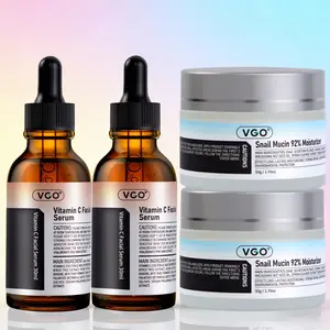 VGO Skin Care Set: Vitamin C Serum, Snail Mucin Moisturizer & Skin Cleanser for Sensitive Skin - 30ml & 50g - Radiant Complexion & Elasticity Repair
