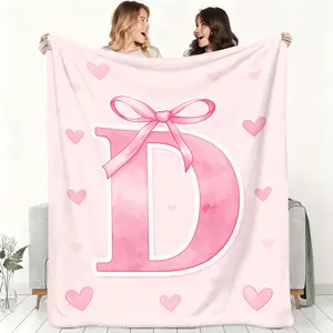 Letter Throw Blanket, 1 Piece Soft Warm Flannel Personalized A - Z Monogram Blanket, Pink Bow Love Heart Design, Lightweight Portable Travel Blanket for Car Couch Dorm, Cute Custom Gift for Her Girlfriend, Girly Decor ﻿