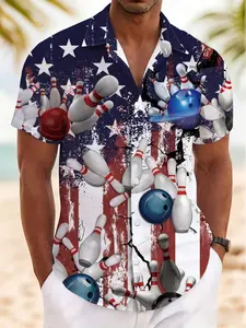 New Summer Men's Short Sleeve Shirt, Usa Flag Bowling Print, Casual Breathable Beach Vacation Hawaiian Shirt, Slim-Fitting