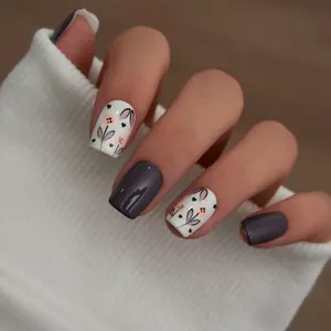 CurvLife Mocha Bloom Press-On Nails | 24pcs Short Square Neutral Brown & White Floral | Minimal Leaf Print Accents, Soft Natural Fit, Easy 5-Minute Application, Durable & Reusable with Adhesive Tabs & Nail File — Everyday Elegant Manicure