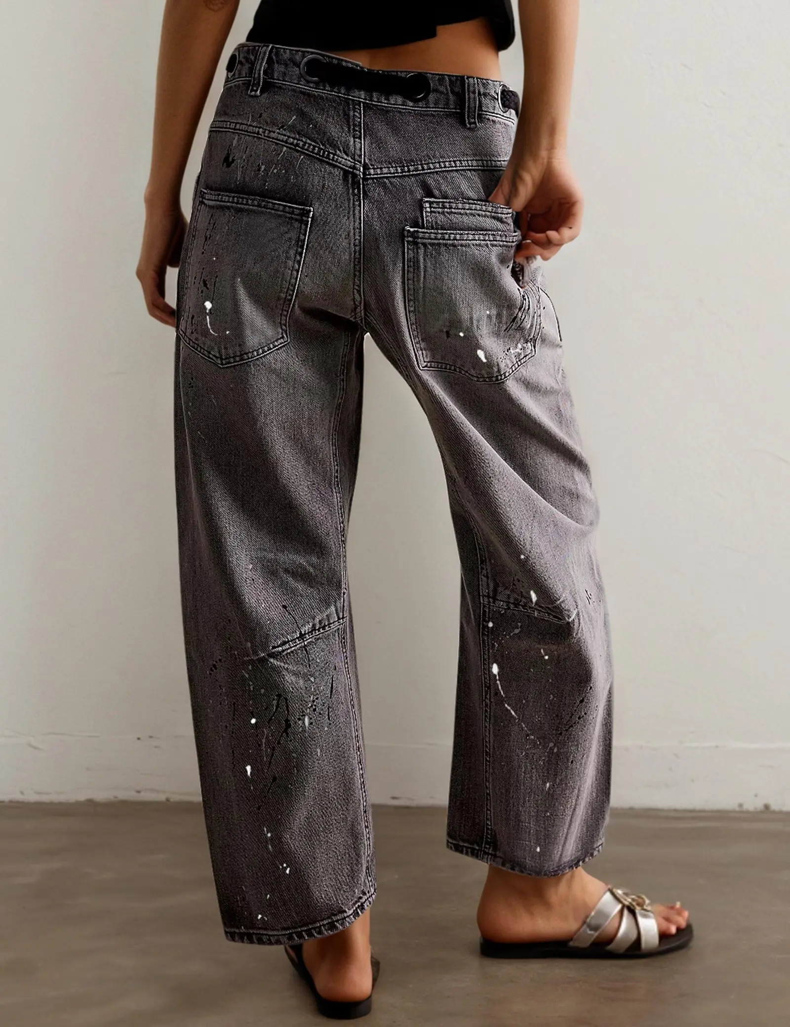Women's High-Waist Breathable Cotton Painted Barrel Jeans - Cropped Wide-Leg Oversized Bottoms, Adjustable Elastic Drawstring-Button Waist, Classic Clean Fit, Pocket Design for Fall Everyday Streetwear Casual Clothes, Barrel Cut Jeans, Denim, Painted Jean