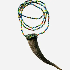 Resguardo Inche Tarro Collar Eleke de Osain Ozain Inshe con Cuerno de Chivo Natural Santeria Colorful Beaded Necklace with Genuine Goat Horn Pendant