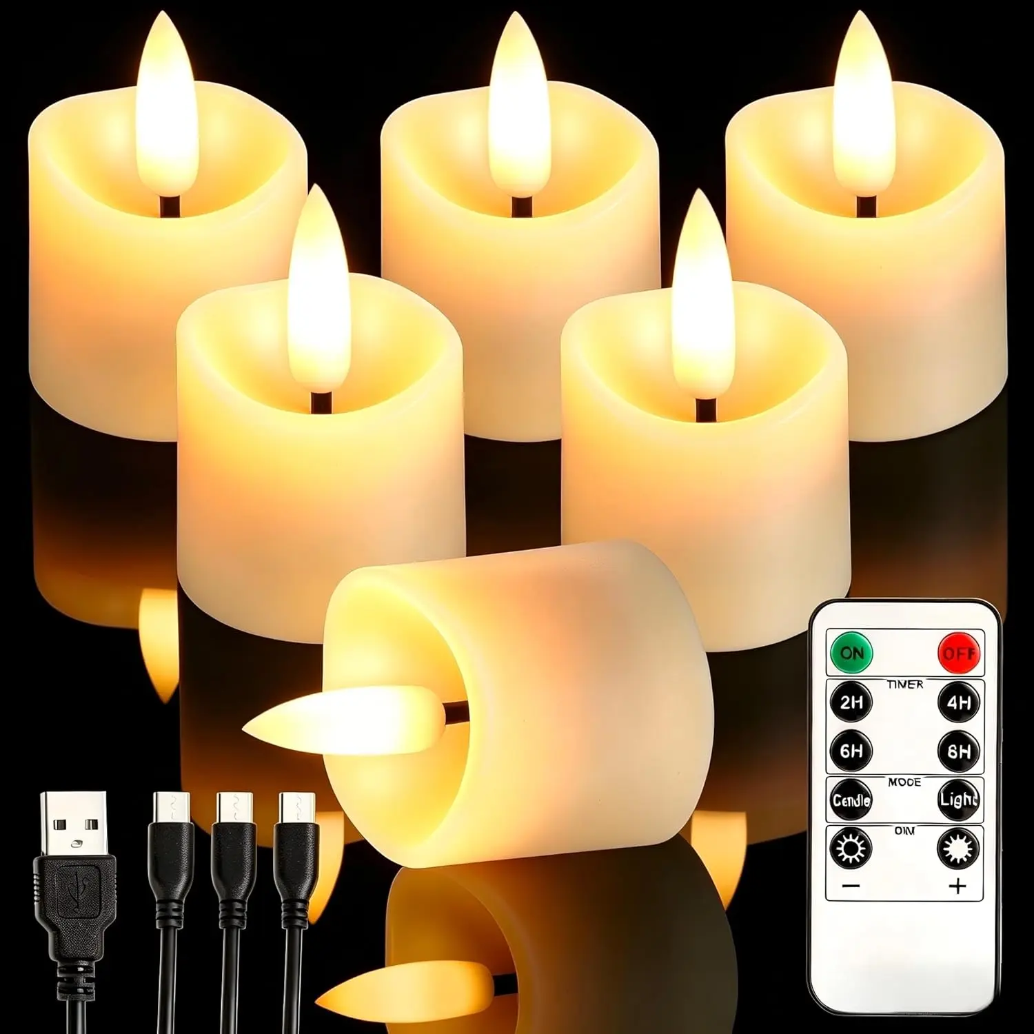 Rechargeable Flameless Tea Light Candles (Recharging Candle Lights) with Timer, Remote-Controlled, 1.5"x2.2" Flickering Votives for Wedding Centerpiece, Holiday Decor (6 Pack), Remote-Controlled Candle Lights