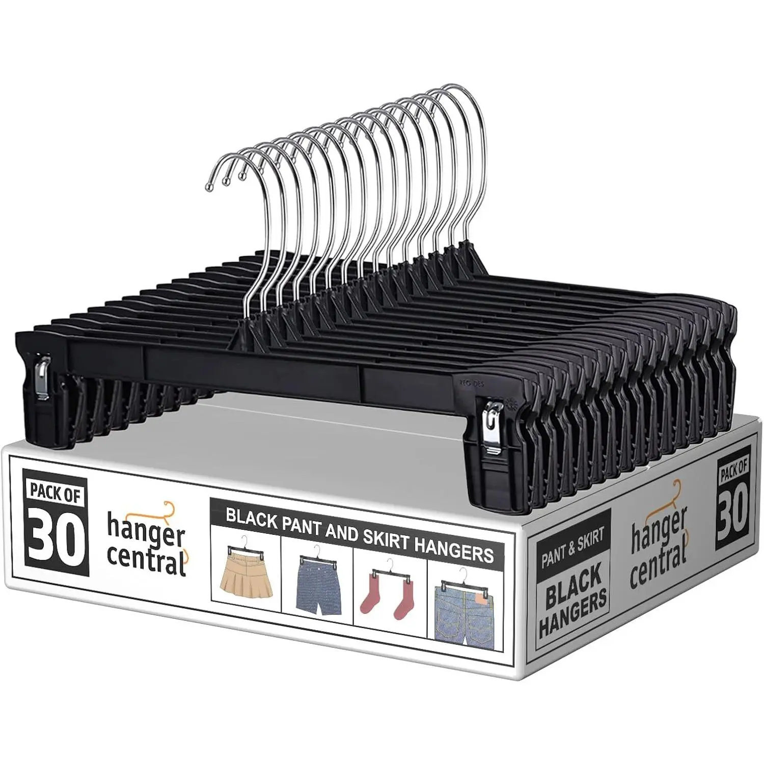 Hanger Central 30 Pack Pants Hangers – 12 Inch Slim Plastic Clothes Hangers with Clips for Skirts, Shorts & Trousers – Non Slip Grip, Heavy Duty Space Saver with Swivel Hook – Black Closet Organizer