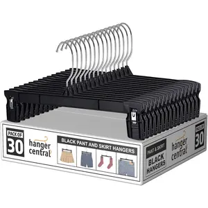 Hanger Central 30 Pack Pants Hangers – 12 Inch Slim Plastic Clothes Hangers with Clips for Skirts, Shorts & Trousers – Non Slip Grip, Heavy Duty Space Saver with Swivel Hook – Black Closet Organizer