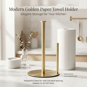 Freestanding Golden Metal Paper Towel Holder, Sturdy Non-Slip Base Kitchen Roll Dispenser for Countertop Organization & Modern Home Decor