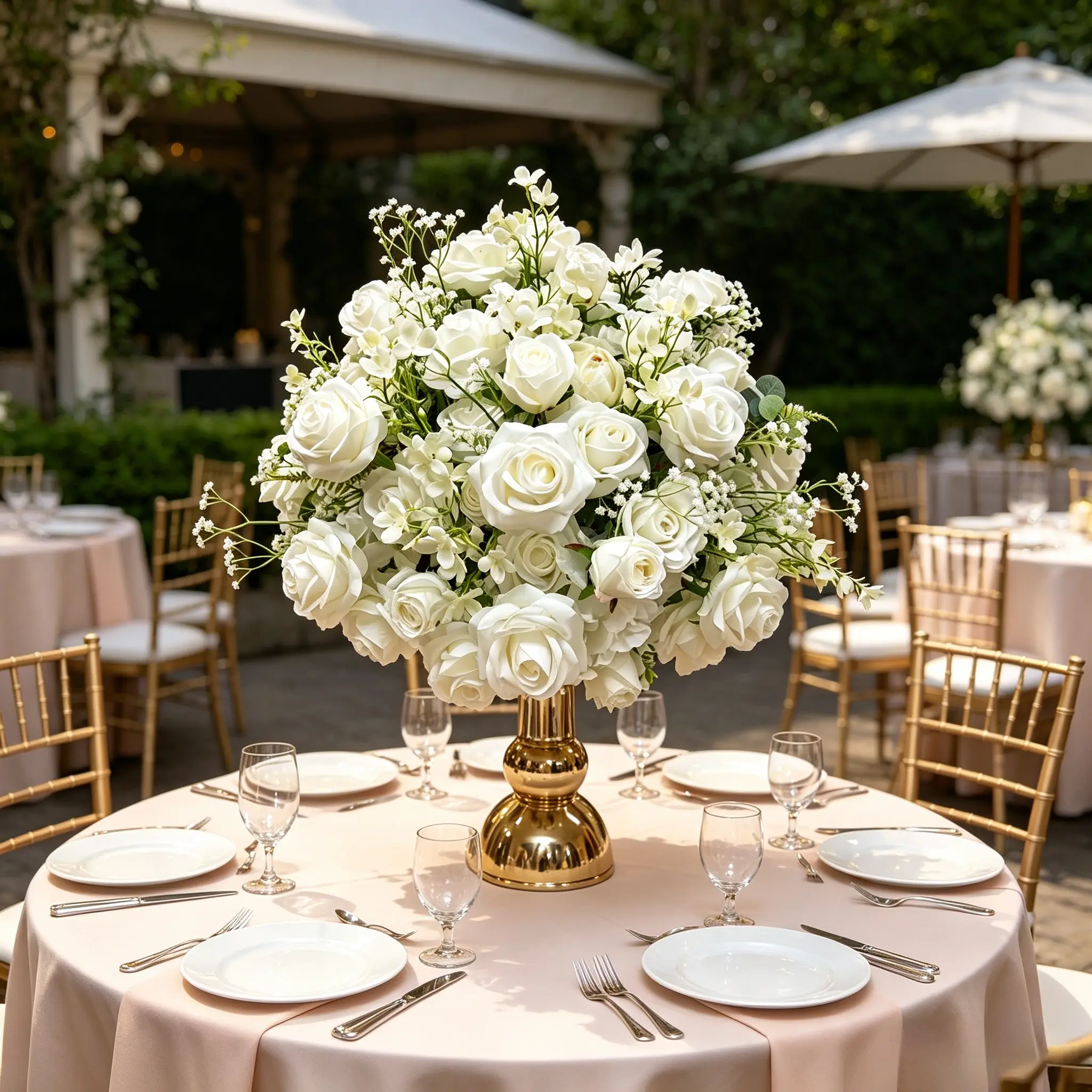 Premium White flower Bouquet Centerpiece Artificial Flower Arrangement With Baby Breath Greenery For Wedding Ceremony Gala Dinner Hotel Lobby Table Decor Backdrop Shooting Prop Bridal Shower Party Home Decor