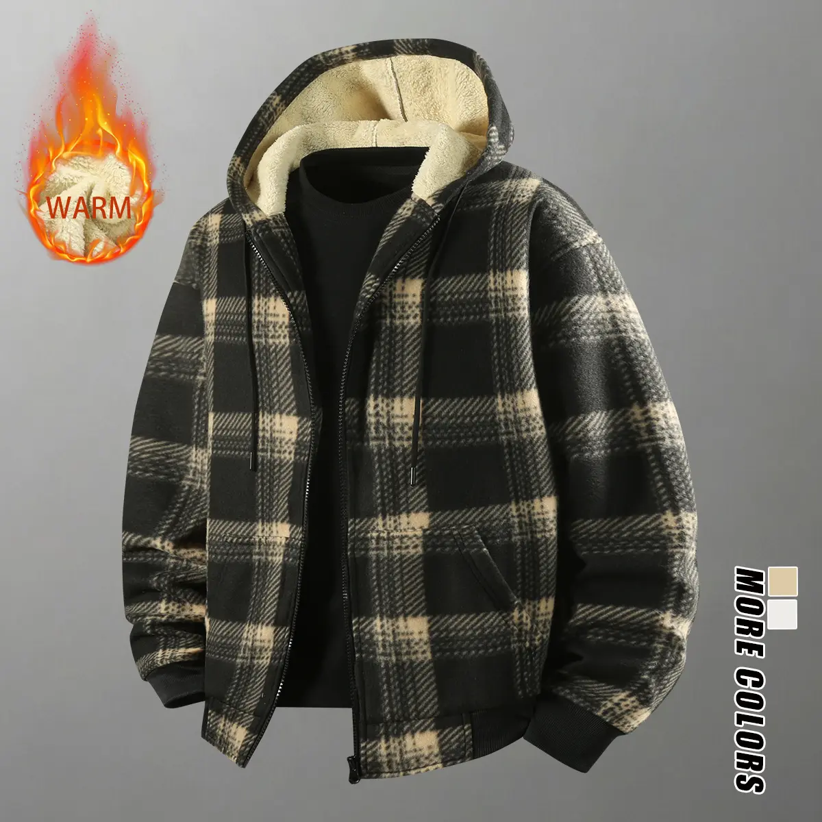Men’s plaid hooded fleece winter jacket with a thick fleece lining for warmth; a loose plaid design with ribbed cuffs, suitable for cold everyday casual streetwear and outdoor wear.
