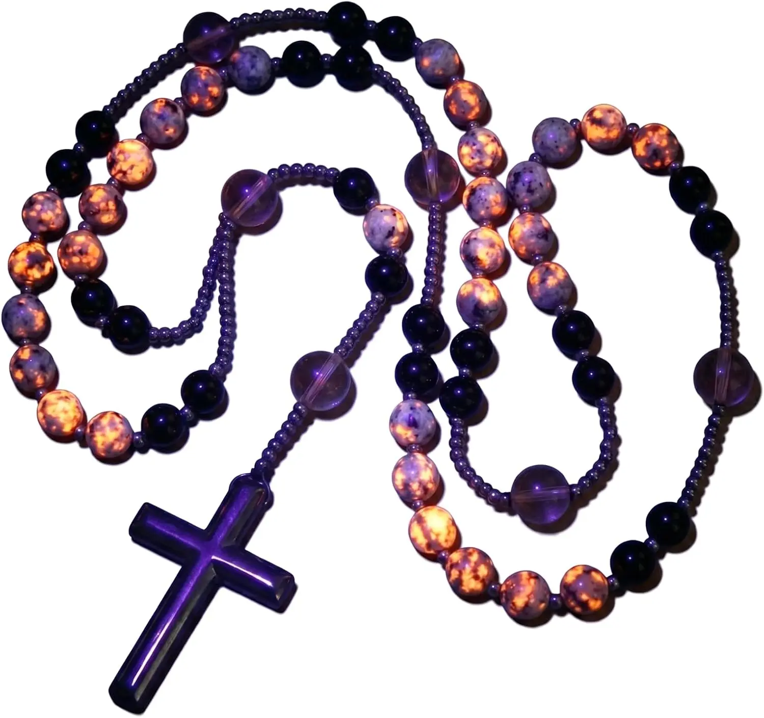 Stone Rosary Necklace UV Glowing (Flashing Flame Under UV) Natural Hematite Rosary Beads Catholic Obsidian Cross Pendant Necklace Healing Crystal Jewelry Gift for Men Women summerwins spiritual birthday jewelry gift