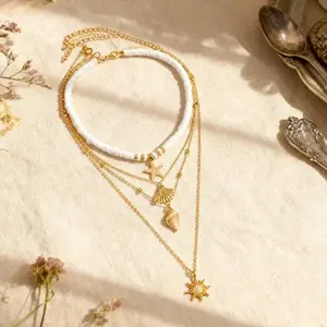 Women's Coastal Boho Multi-Layer Necklace - Shell Conch Starfish Fringed Soft Clay