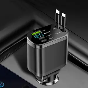 5 in 1 Super Fast Car Charger Retractable Cable Fast Charging LED Voltage Display Dual Type C and USB Ports Portable Charging Station for iPhone iPad Xiaomi Samsung Galaxy Laptop Travel Road Trip Car Essentials Multi Device Charging Universal Car
