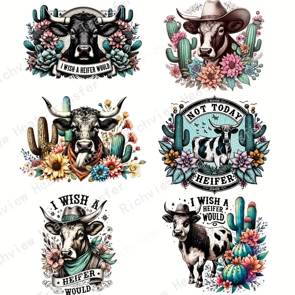 Western Cow Style Hot Transfer Sticker, 6 Counts/set DIY Washable Printed T-shirt Iron-on Patch Decoration, DIY Clothing Decoration, DIY Flower Decor, Craft Supplies, DIY Products