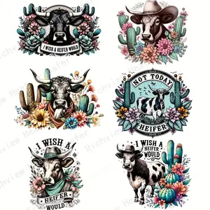 Western Cow Style Hot Transfer Sticker, 6 Counts/set DIY Washable Printed T-shirt Iron-on Patch Decoration, DIY Clothing Decoration, DIY Flower Decor