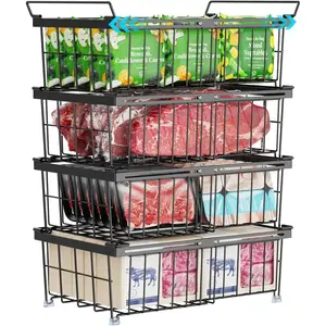 4 Pack Freezer Organizer Bins - Fit 10 to 20 Cu.Ft Deep Freezer, Expandable Wire Chest Freezer Baskets for Frozen Food, Stackable with Handles, Black
