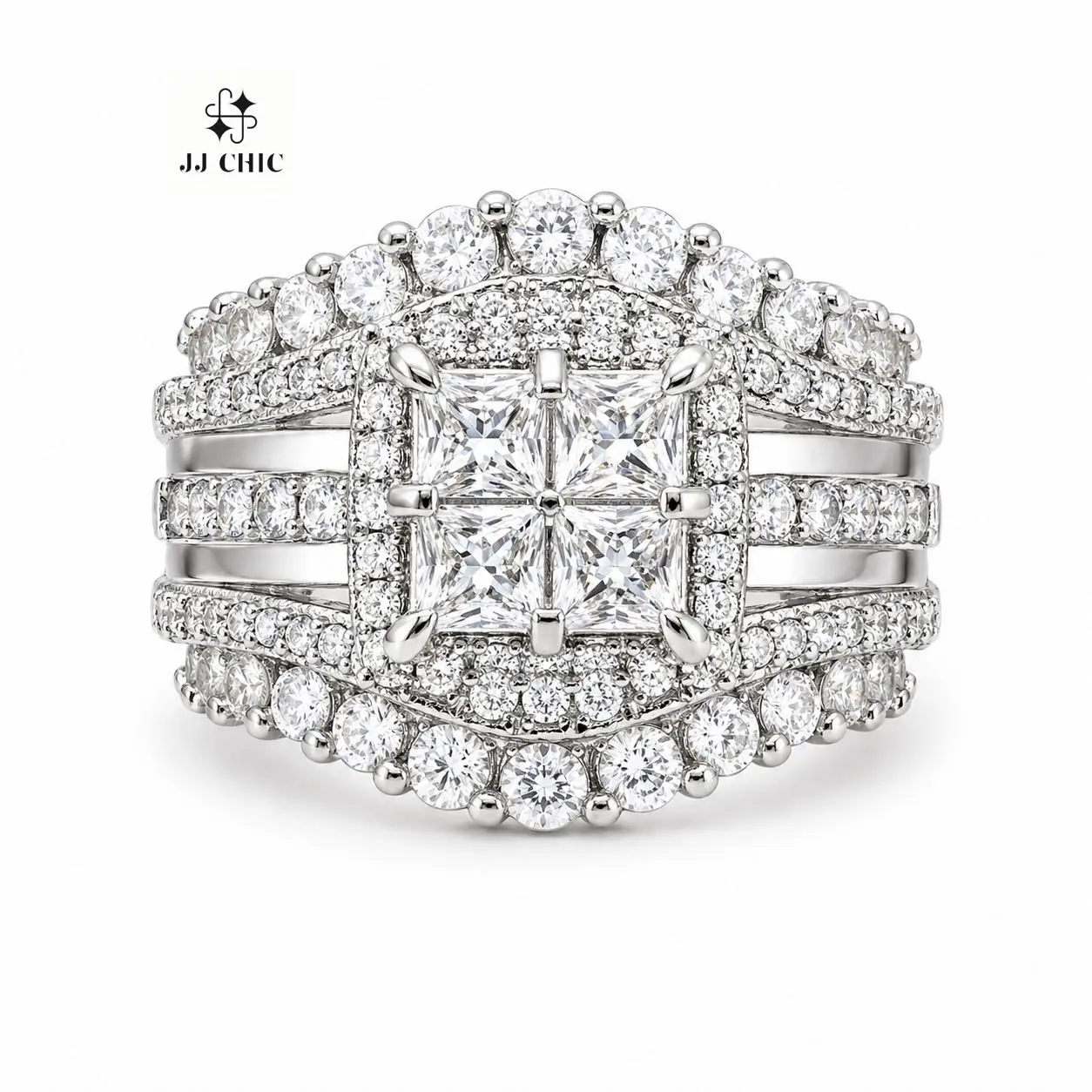 JJ CHIC Square Multi-Band Ring for Women Micro Pave CZ Stones Halo Design Elegant Daily Wear Gift for Girlfriend or Wife Jewelry Unique Sparkling Stones