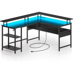 Computer Desk L Shaped 56.7" with LED Lights and Power Outlets, Reversible L Shaped Gaming Desk with Monitor Stand, Home Office Desk with Storage, Desk with USB Port and Hook, BlackSimple desktop corner computer table bedroom right angle gaming table
