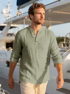Men's Casual Fashion Linen Shirt, Round Neck Button Front Long Sleeve Top, Comfortable Breathable Versatile All-Season Wear, Green