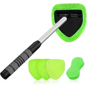 Windshield Cleaner Tool – Car Interior Window Cleaning Kit with Extendable Handle & 4 Microfiber Pads, Auto Wiper Inside Windshield Brush for Car & Home Windows