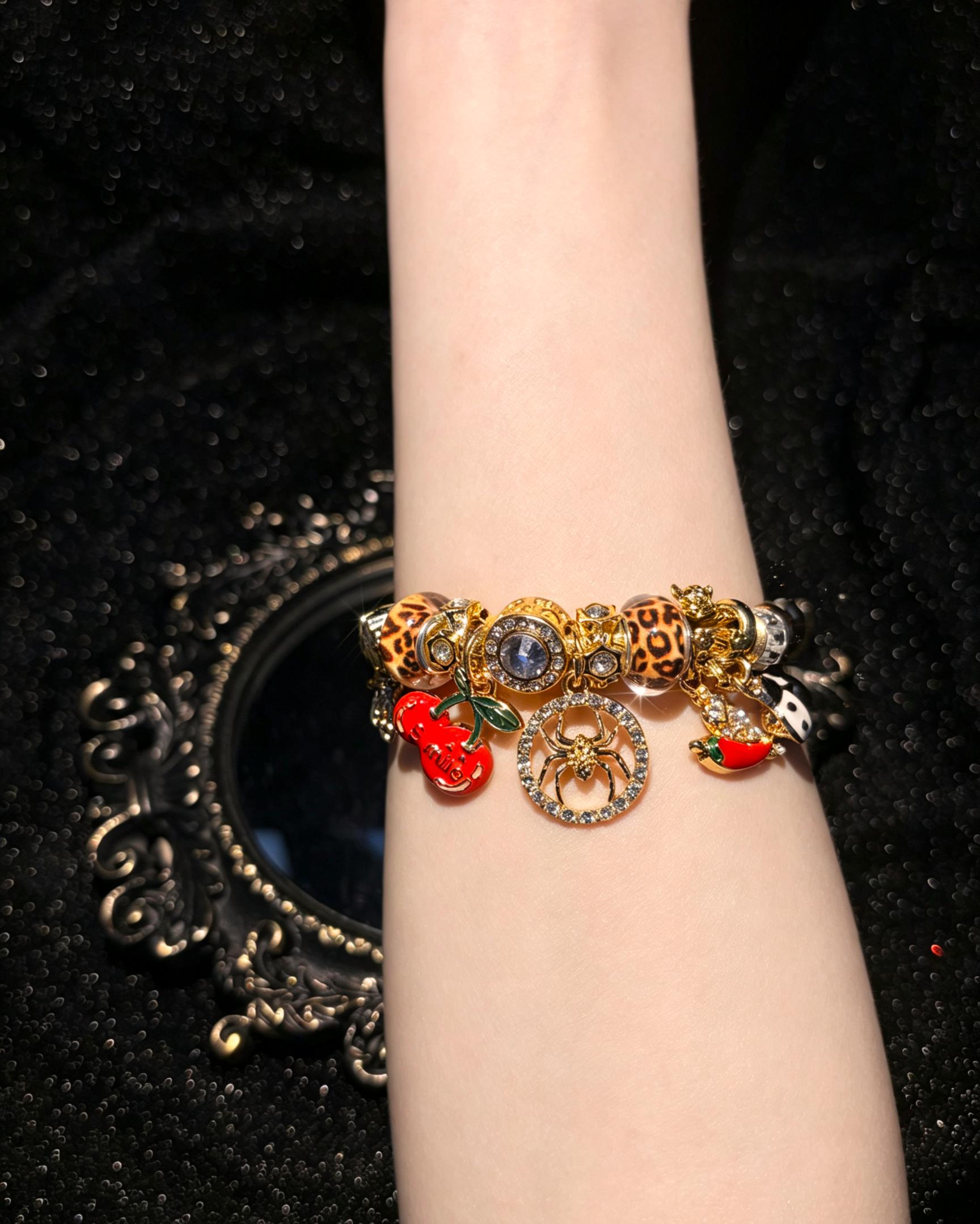 Women's Gold-Tone Open Bangle Bracelet - Leopard Print, Cherry, Spider, Bee, Chili Dangle Charms - Sparkling Rhinestone Enamel Statement Jewelry Gift for Women