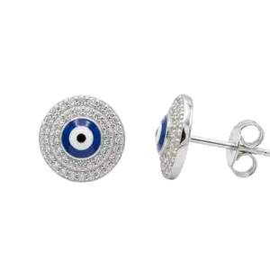 Evil Eye Stud Earrings • Rhodium Gold Filled • White Cubic Zirconia and Enamel • Fashion Jewelry • Gift for Her