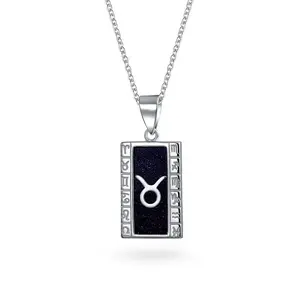 Taurus Zodiac Dog Tag Style Pendant Necklace Navy Blue Goldstone .925 Sterling Silver