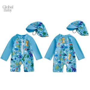 Global Baby Toddler Boy Rash Guard Swimsuit Shark Print  Kids/Baby Boy Rash Guard  Swimsuit Shark Print Long Sleeve Half Zip-up Bathing Suit with Sun Hat Bathing Suit with Sun