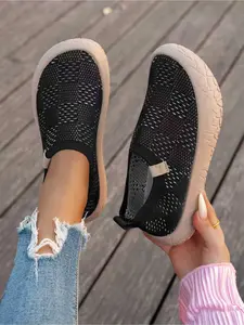 Breathable Mesh Flyknit Lazy Shoes for Women, Summer Hollow Out Slip-On Casual Shoes, Lightweight Non-Slip Flat Sole Sneakers