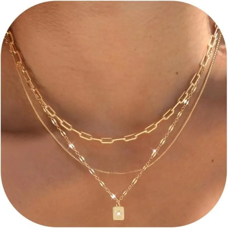 Women's 3-Count Elegant Gold Plated Brass Alloy Necklaces Set - Paperclip Box Chain Choker, Stackable Pendants for Necklace Stack, Daily & Dates Wear, Ideal for Gifting Occasions