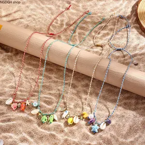 Blue Braided Starfish Shell Necklace - Trendy Adjustable Cowrie Shell Starfish Charm Choker with Purple Glitter Bead & Freshwater Pearl, Lightweight Gold Thread Boho Jewelry for Women, Perfect for Summer Beach Vacation Festival Daily Wear & Ocean Layering