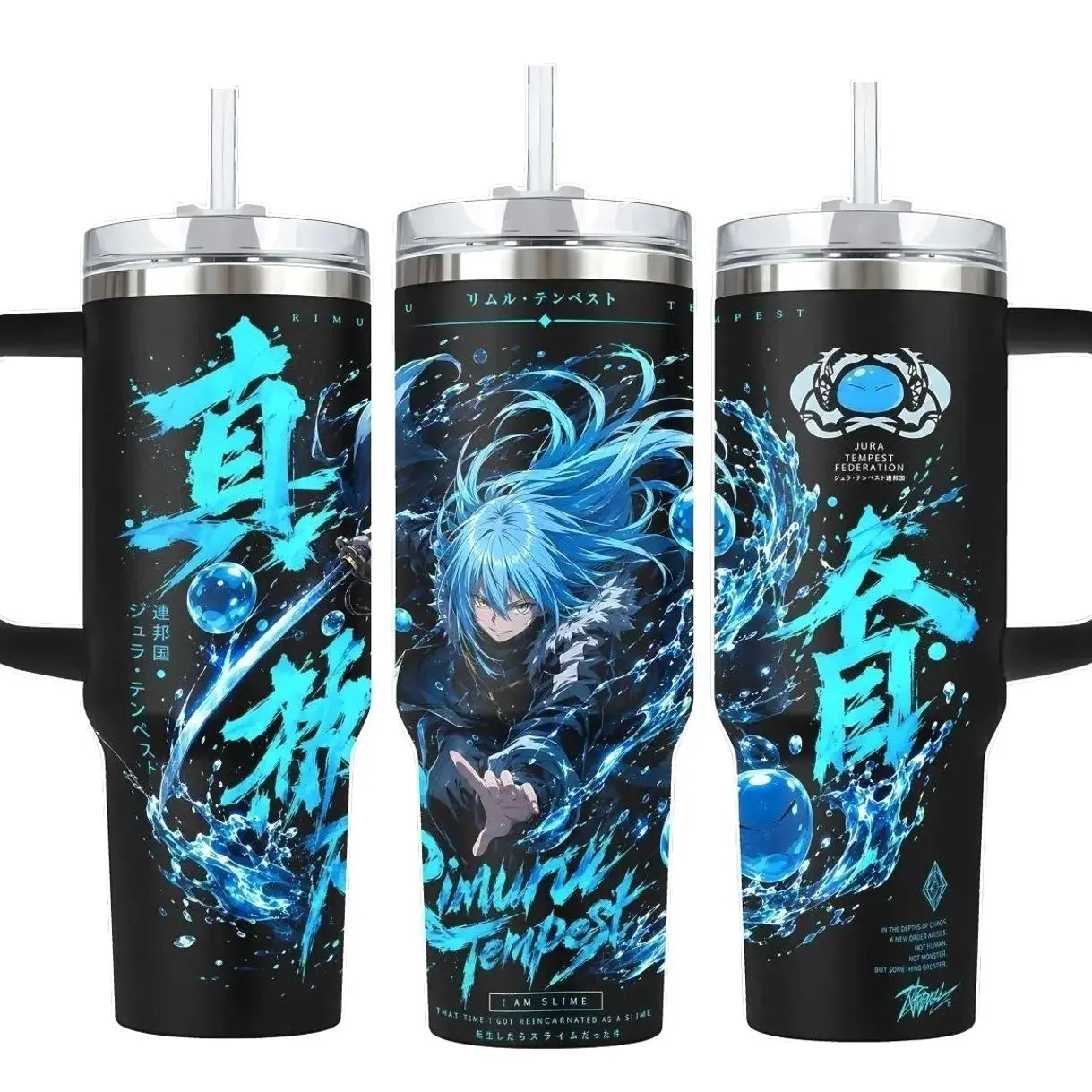 Rimuru Tempest Anime Tumbler, Blue Slime Sword Action Full Wrap Graphic, Stainless Steel Insulated Cup 20oz/40oz with Straw Lid Included