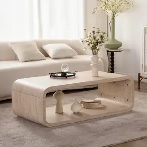 Modern Open-Frame Elegant Curved Light Wood Coffee Table with Open Storage for Contemporary Living Rooms