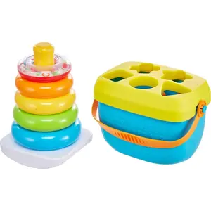 Baby’s First Blocks & Rock-a-Stack Toy Set, Bucket of 10 Shapes & Ring Stacking Activity for Developmental Play Ages 6+ Months