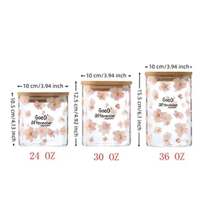 Bamboo Lid 3PCS Square Glass Storage Jar - Miscellaneous Grain Jar with Bamboo Lid for Seasoning, Candy, Tea, Coffee & More