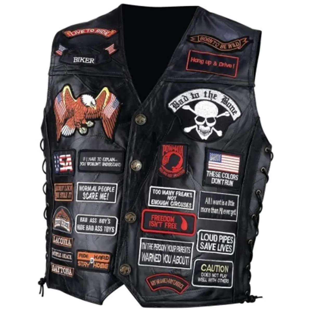 212 MAIN Men's Embroidered Sleeveless Buffalo Leather Patch Vest - 42 Diamond Plate Patches, Brass Snaps, Zip Pockets, Lace-Up Sides, Menswear Top - Size L