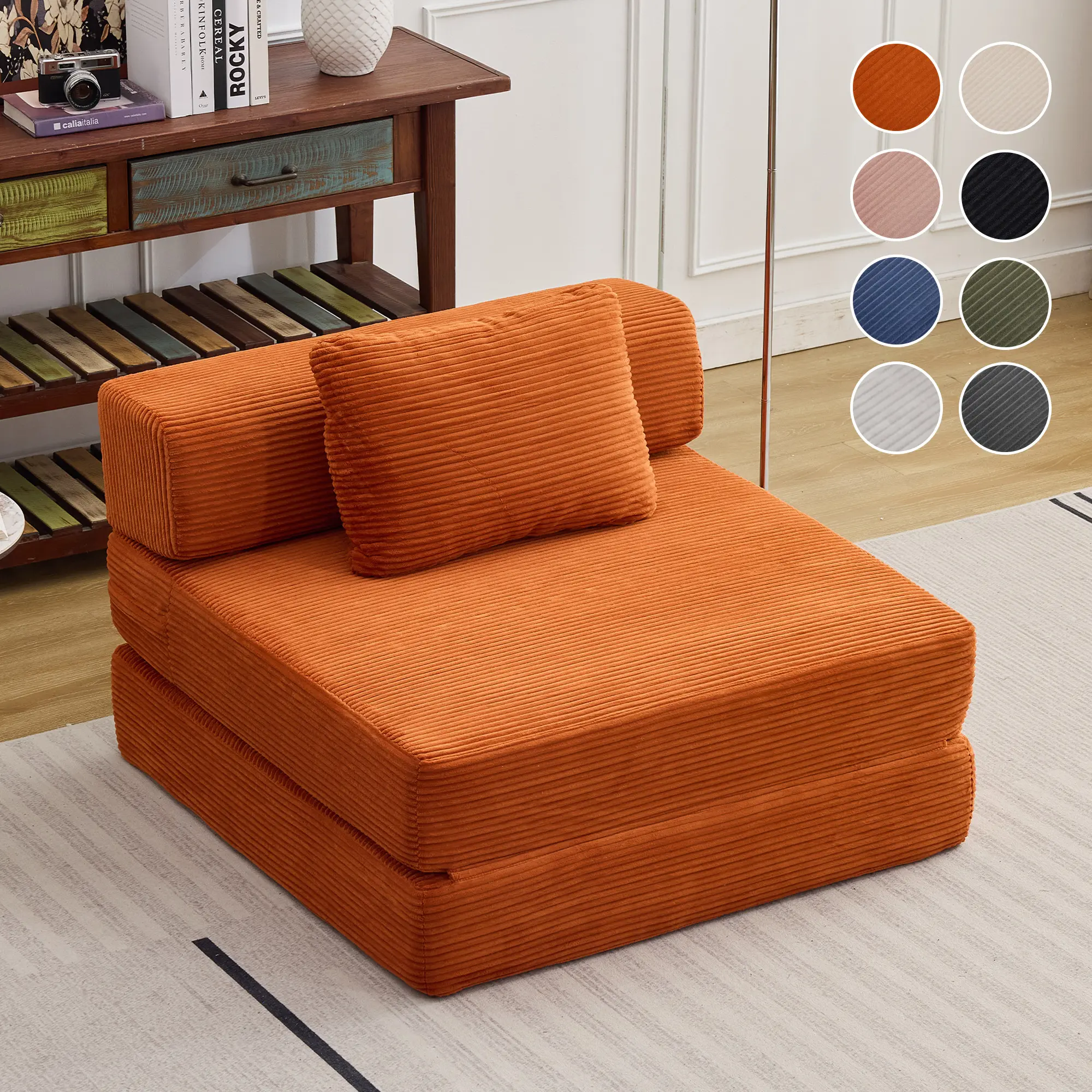 1 Seater Modular Sofa bed, Convertible Boneless Sleeper couches with Pillow, Corduroy folding mattress couch with Fixed-shape frame. Floor sofa lounge couch for living room bedroom lounge studio—1 package shipping