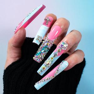 glitter rhinestone decor fake nail & tape & file, 10pcs long square false nail for women & girls, effortless press on nail manicure set, nail extensions