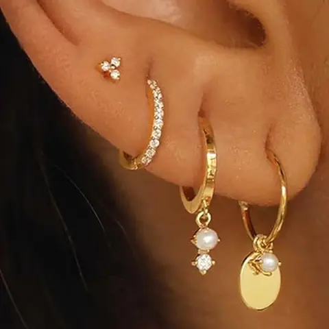 Stackable Earrings for Women, Dainty 14K Gold Plated Pearl Hoop Huggie & Stud Earring Set, Cute Cartilage Earrings, Trendy Hypoallergenic Jewelry, Huggie Earring Pack