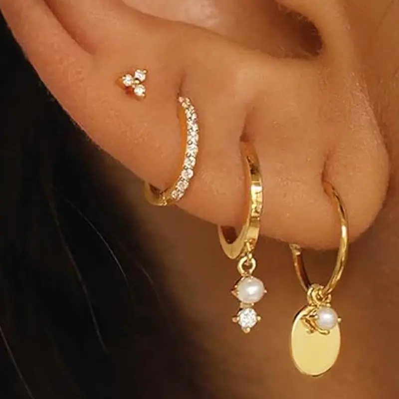 Stackable Earrings for Women, Dainty 14K Gold Plated Pearl Hoop Huggie & Stud Earring Set, Cute Cartilage Earrings, Trendy Hypoallergenic Jewelry, Huggie Earring Pack