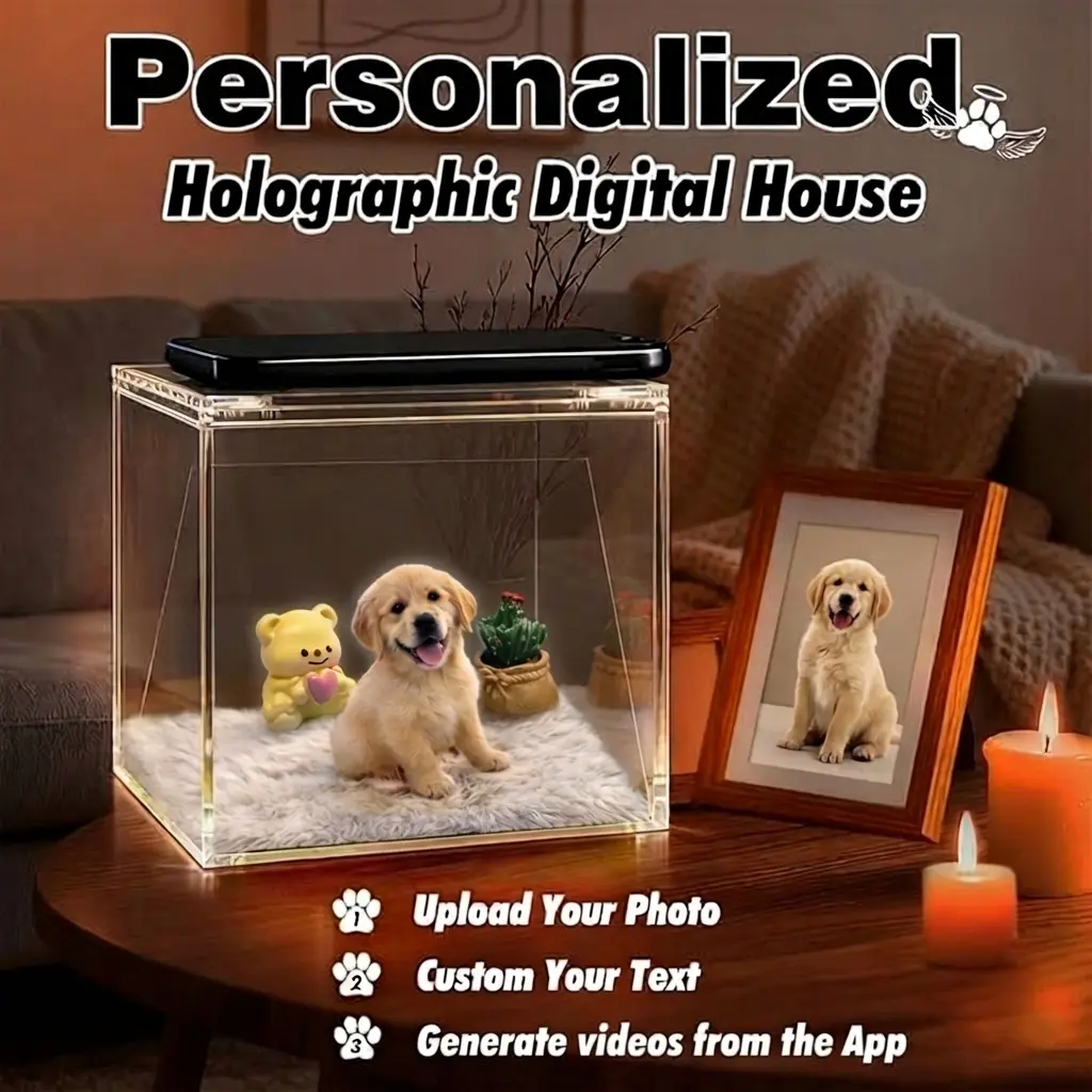 The pet 3D holographic projection box can DIY project pets and interact with them. This is a pet souvenir and commemorative gift, suitable for commemorating pets. 11cm * 11cm * 11cm with 4 small accessories