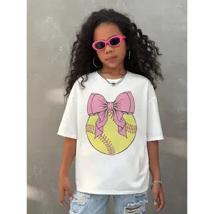 Girls Softball TShirt With Pink Bowknot Design Cute Summer Casual Short Sleeve Tops For Kids,Fun Softball Graphic Tee,Athletic Sports Theme Clothing,Soft And Comfortable Cotton Blend Fabric,Perfect Gift For Softball Players And Fans.
