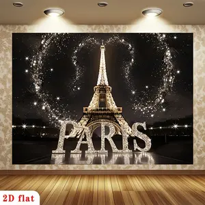 1pc Polyester 2D Flat Party Backdrop Banner - Glamorous Paris Eiffel Tower, Sparkling Lights, Chic Typography, Decorative Design Throws - No Electricity, for Farm, Garden Decor (Textiles & Soft Furnishings)