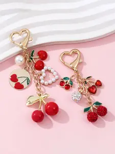 Pretty Heart Red Cherry Enamel Keychain Bag Decoration Cherry & Heart Keychain with Pearls Fruit Cherry Pendant Sparkling Crystal Cherry Keyring Rhinestone Cherry Bag Charm Key Chain Gift for Women Bags Backpack Wallet Purse Key Ring Aesthetic Accessories