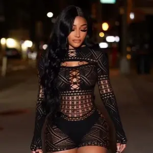 Wholesale Summer Women Sexy Hollow Lace High Waist Tight Knitted Long-Sleeve Rompers ( ONE-SIZE FITS MOST)