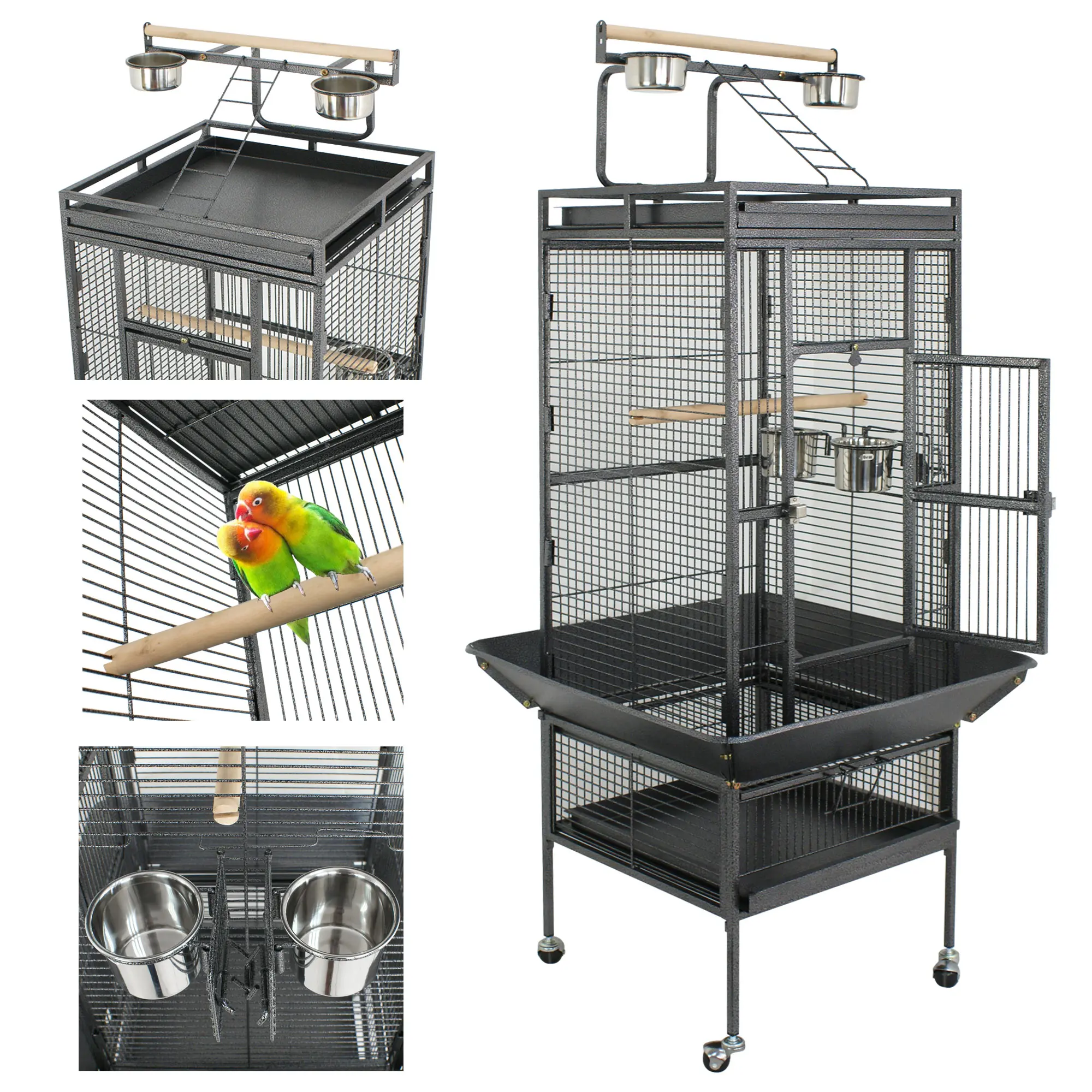 Segawe Large Metal Bird Cage with Wood Accents - Durable Iron Frame, Open Top, Easy-Clean Litter Tray, Black/White Finish for Parrots, Macaws,summerwins