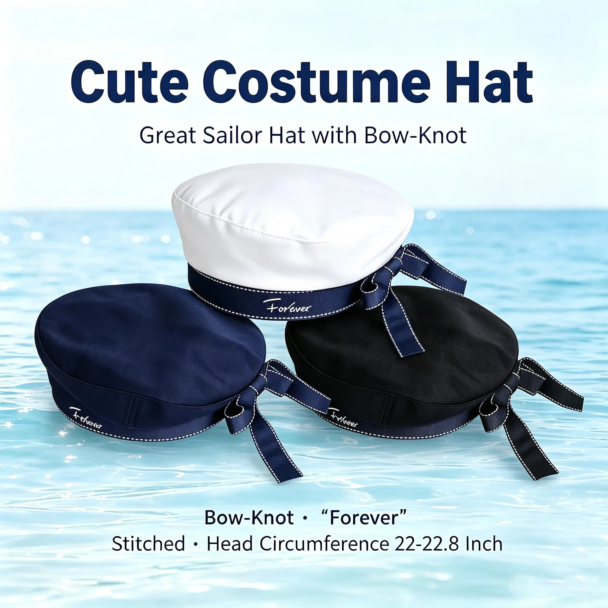 Women's Bow-Knot Sailor Beret Cap - Nautical Yacht Captain Hat, Forever Stitched Embroidery, Lolita JK Costume Accessory, Halloween & Christmas Fancy Dress Prop