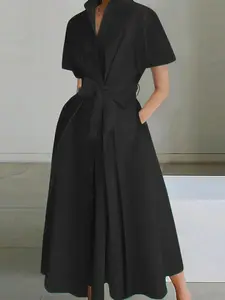 Women's Commuter Lapel Short Sleeve Button Shirt Dress, Detachable Waist Belt, Pockets, Casual Style, All Seasons, Loose-Fitting