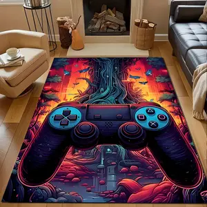 A home carpet with a game controller pattern in a cyberpunk-style tech city, suitable for living rooms, bedrooms, kitchen mats, home decoration, area rugs, and holiday gifts for family and friends