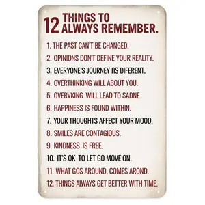 Inspirational Quotes 12 Things To Always Remember Tin Sign, Vintage Motivational Metal Sign Print Aesthetic Room Decoration for Home Bedroom Kitchen Bar Coffee Bathroom Indoor Outdoor Wall Decor, 8 X