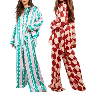 Women Checkerboard Print Loungewear Set Long Sleeve Lapel Button Down Shirt Tops Long Pants Oversized Sleepwear