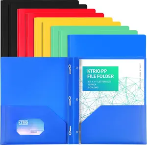 KTRIO Plastic Pocket Folders with Prongs, Colored Heavy Duty Pocket Folders with Business Card Slot, Letter Size, File Fasteners, for School Office